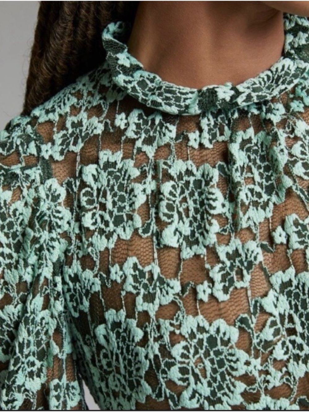 Anthropologie Dolan Lace Blouse XS Green Sheer Floral Ruffle Neck Romantic Top - Picture 2 of 13
